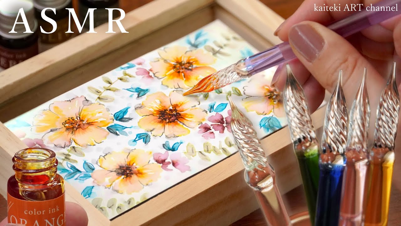 【ASMR】セリアのガラスペンとインクでお花の絵を描く音🖋SOUND and DRAWING by the cheapest glass pen, illustration of flowers