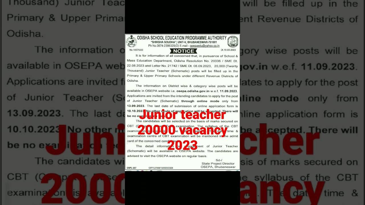 JUNIOR TEACHER VACANCY 2023 IN ODISHA #jt#osepa#only4study#shorts#ytshorts#teachingjob2023#primary