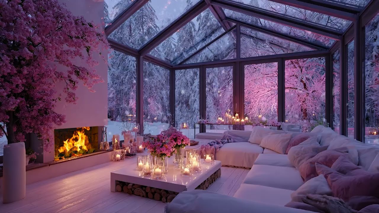 Snow Wind Outside the Glass Windows ❄️🔥 Cozy Fireplace in a Pink Winter Living Room