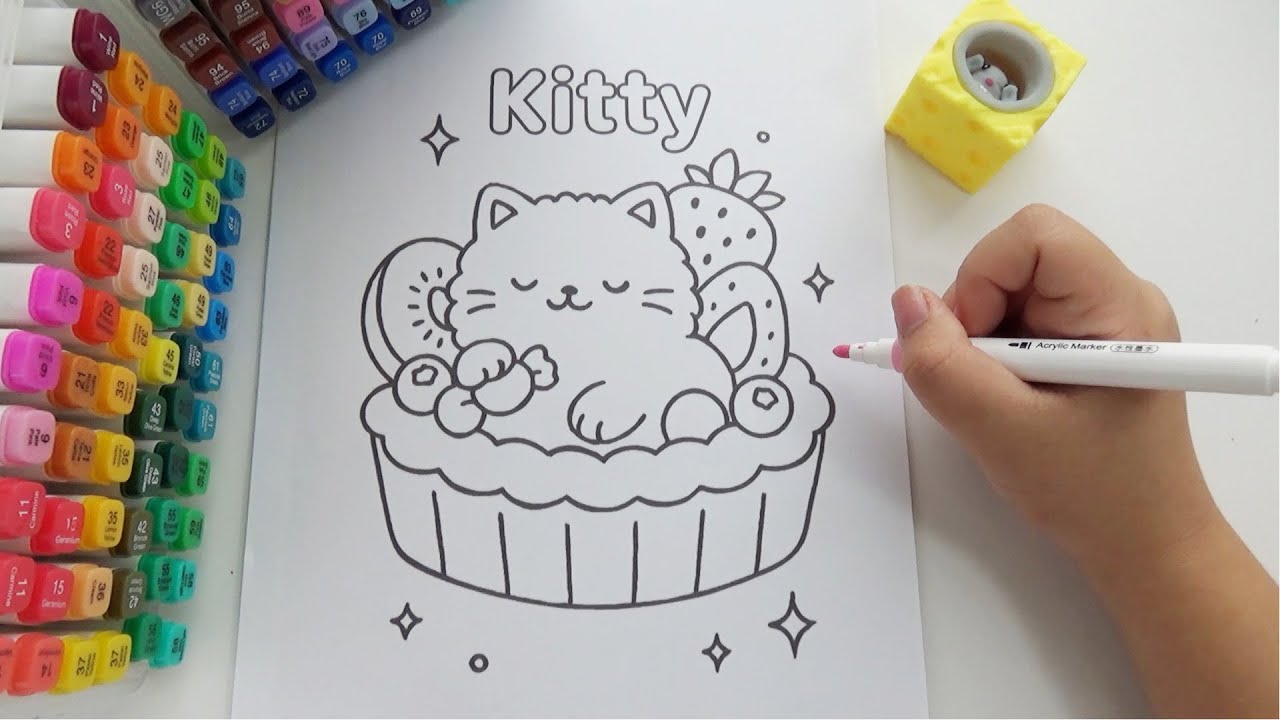 Relaxing Coloring: Adorable Kitty Cake with Fruit 🐱🍓