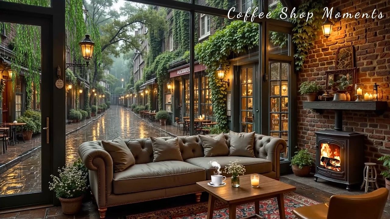 Quiet Time at the Rainy Corner Café ☕ Smooth Jazz Piano & Fireplace Sounds for Relax & Work