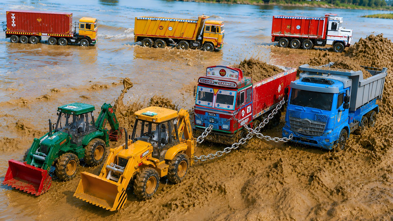 Jcb Tractor Cartoon | Tata Container Dumper Truck Muddy Accident Pulling Out Jcb 3DX | Jcb Video