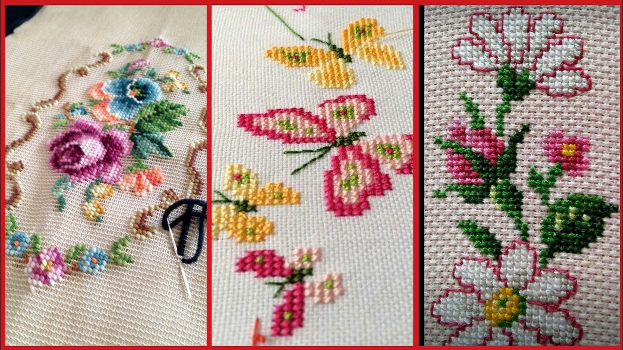 Floral Cross Stitch Hand Embroidery Designs Patterns For Table Cover/Bedsheet