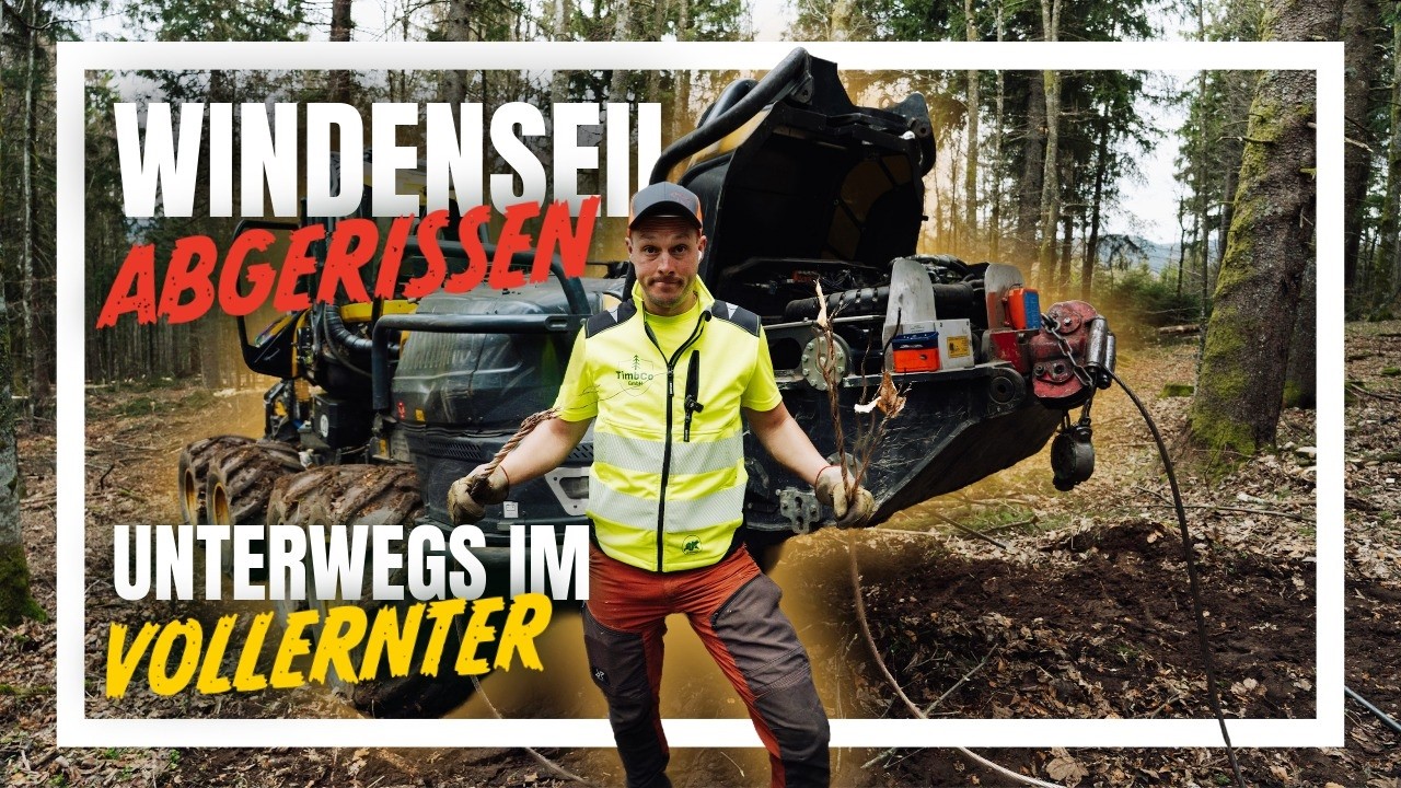 Vollernter-Seil rei&szlig;t! Reparatur direkt vor Ort | F&auml;llen mit Motors&auml;ge und Harvester | TimbCo GmbH