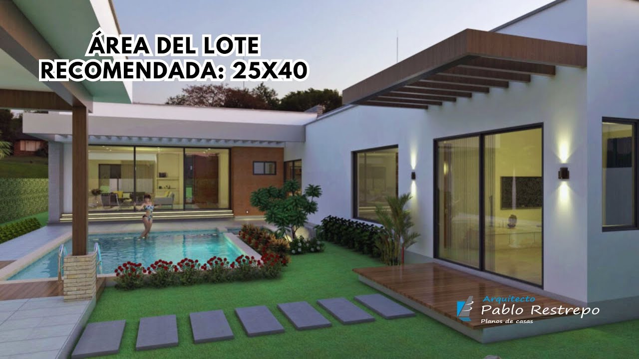 PLANOS de CASA CAMPESTRE MODERNA 25x40 en 'forma de L' (260 M2) | Arq Pablo Restrepo