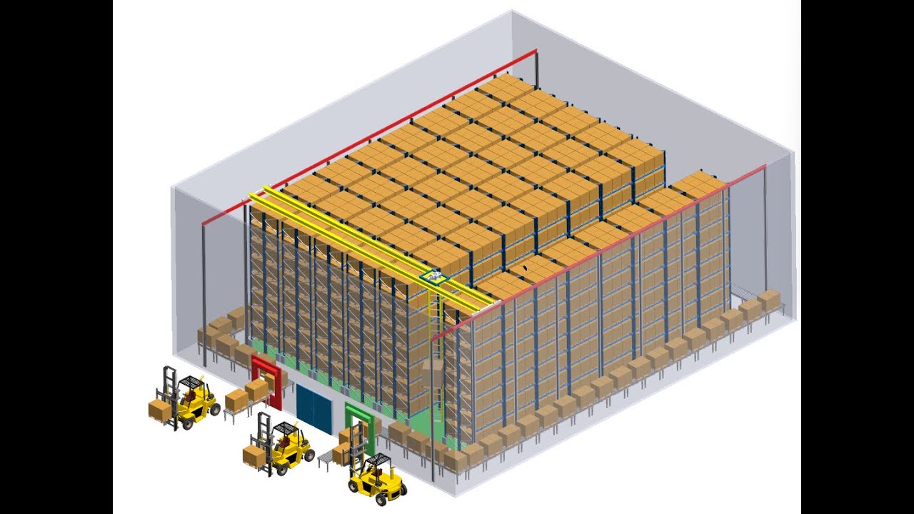 Overhead Stacker Crane Stores Pallet Loads Over Mobile Racks In Cold Storage Controlled Temperature