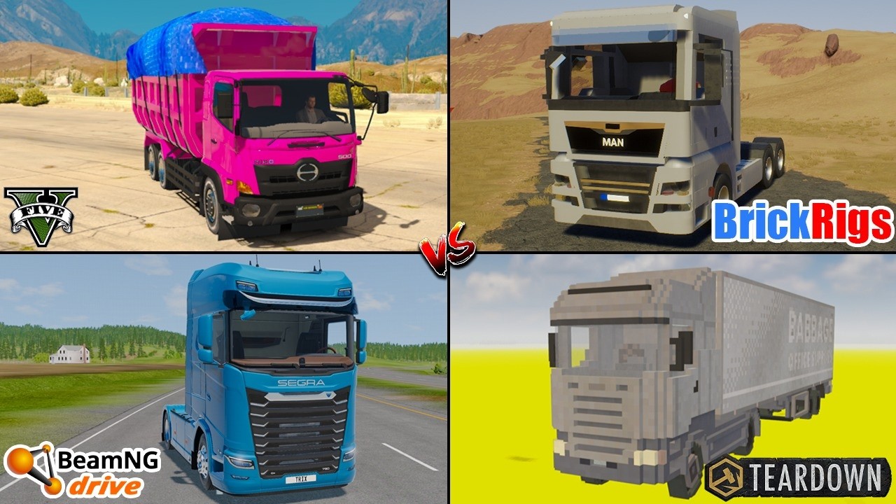 GTA 5 Hino Truck vs Teardown Man vs BeamNG Truck vs Brick Rigs Scania Truck - Which is Best ?