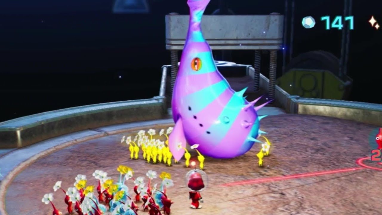 pikmin dragging a puffy blowhog back to the base in pikmin 4