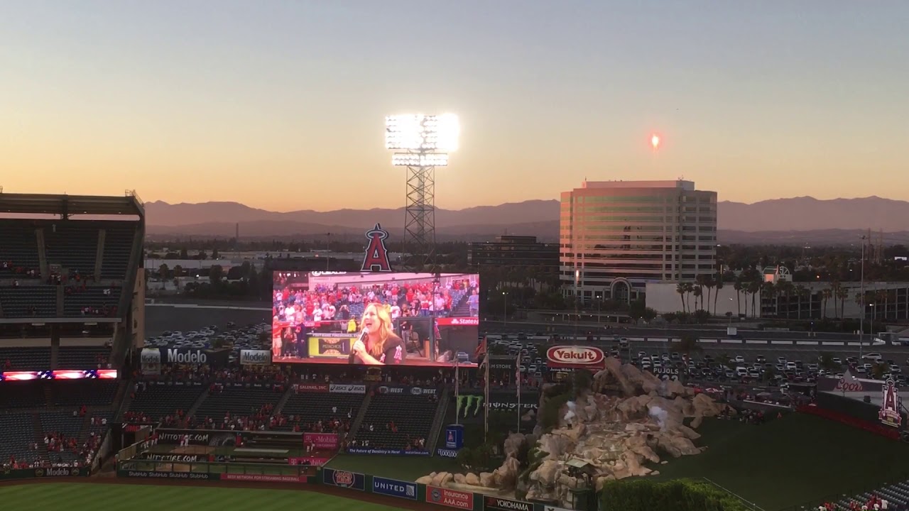 Angels starting lineup and calling all angels on Ducks Night at angel stadium 9/14/18