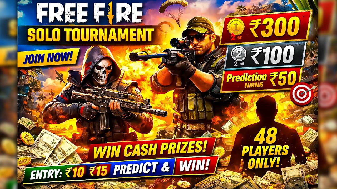 🏆 Free Fire BR Solo Tournament 🔥 ₹300 Cash Prize 💰 | 48 Players Only | Join Now 🚀