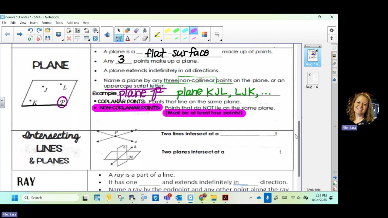 8/14/25 - Honors Geom 1.1 Notes - points lines and planes