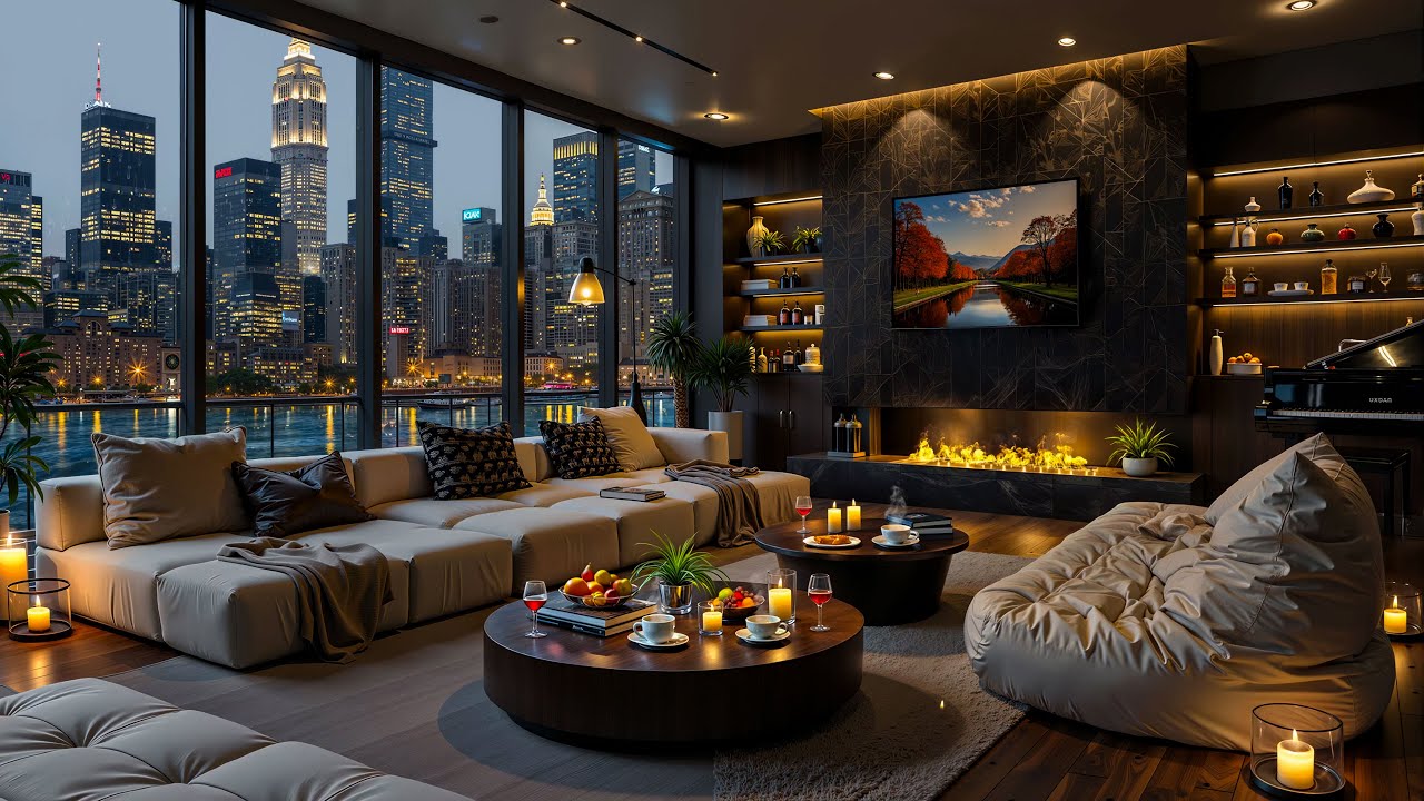 4K Luxury NYC Apartment with Riverside City View 🌆 Soft Jazz Background Music for Work & Study