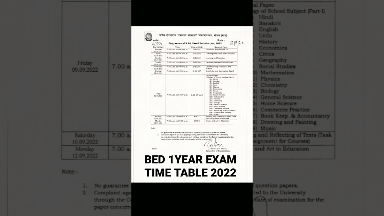 BED 1 YEAR TIME TABLE 2022