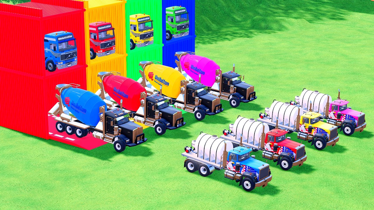 Garage with Colors - ALL MIXER TRUCK WITH DOUBLE FLATBED TRAILER TRUCK, SCANIA, MACK #90 - FS22