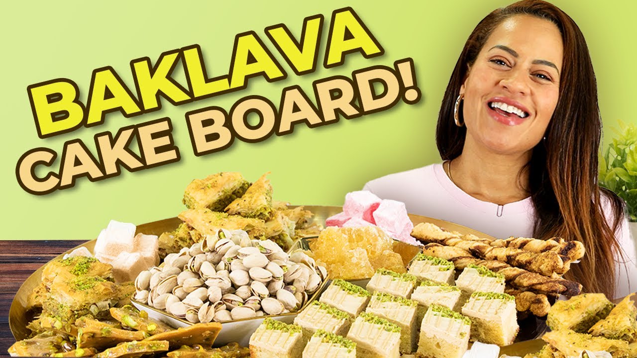 I made a BAKLAVA DESSERT PLATTER! Cake, Pistachio Nut Brittle, Honey Buttercream | How To Cake It