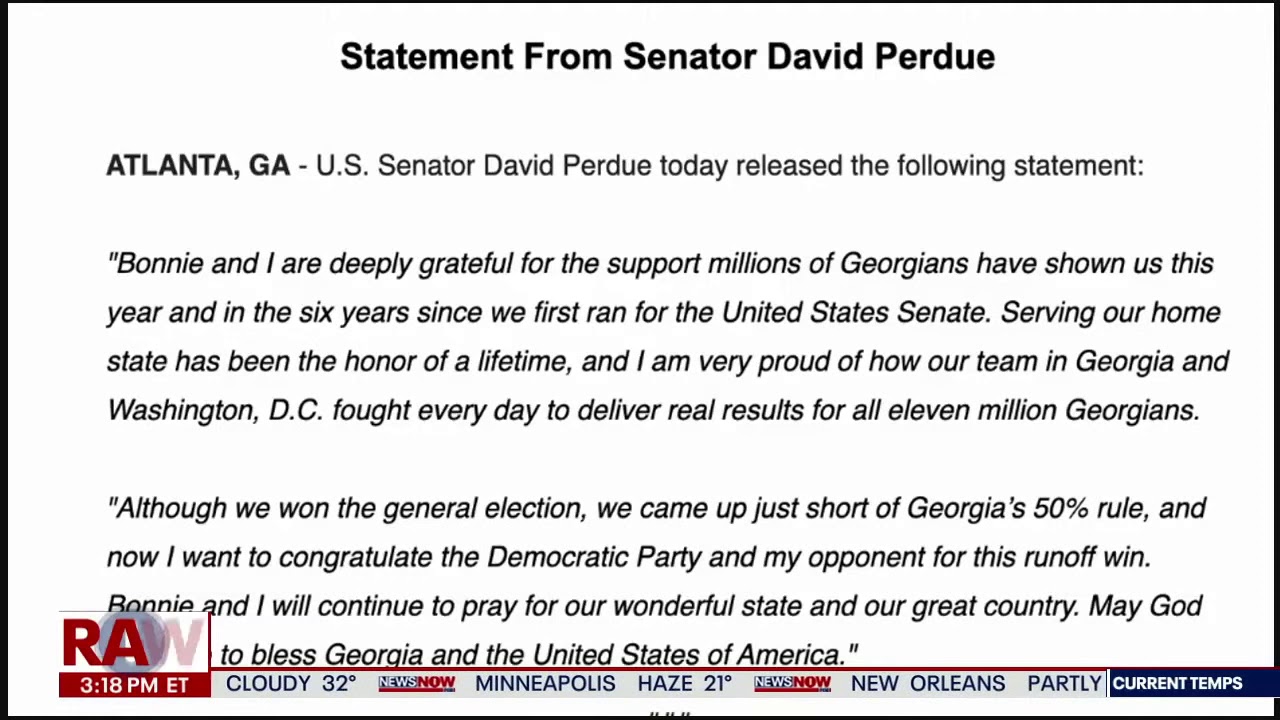 Senator David Perdue Concedes To Jon Ossoff, Senate Turns Blue | NewsNOW from FOX