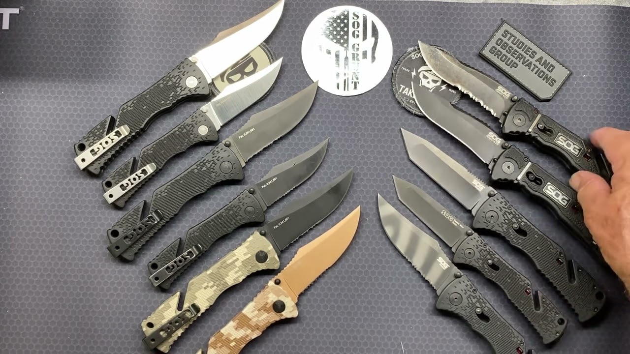 SOG Trident Folded Knives Collection laid out on top of Workbench