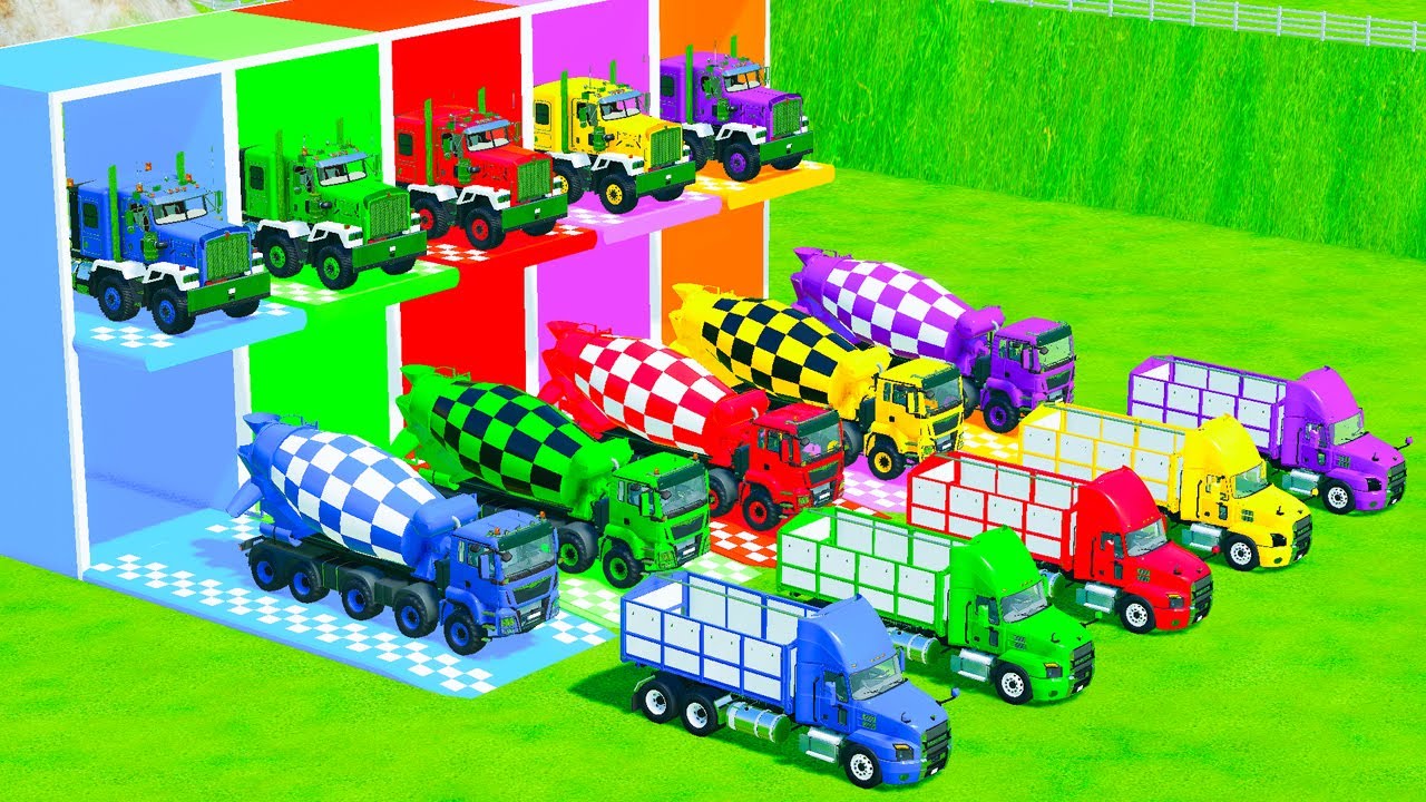 Garage with Colors - ALL MIXER TRUCK WITH DOUBLE FLATBED TRAILER TRUCK, MAN, KENWORTH, MERCEDES - FS