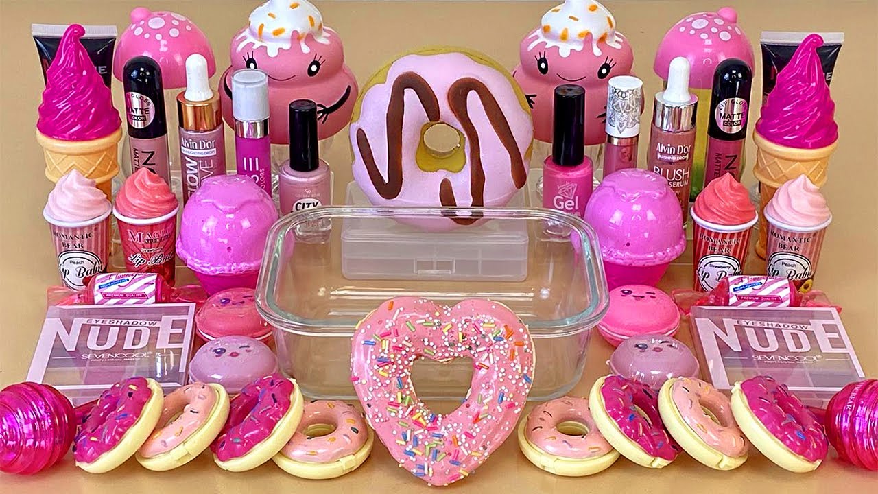 Pink DONUT SLIME 🍩 Mixing makeup and glitter into Clear Slime 💯% ASMR Satisfying Slime Videos 1080p