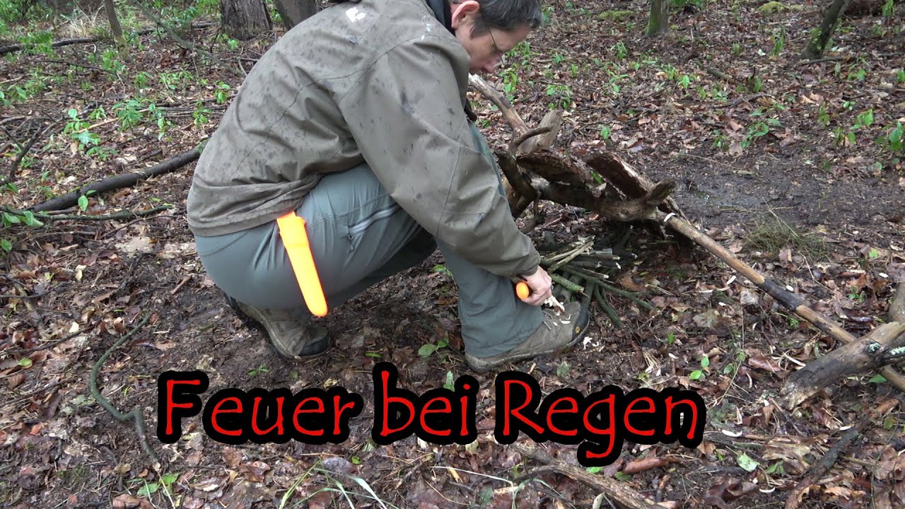 Feuer im Regen - nur mit natürlichen Materialien, Messer und Feuerstahl