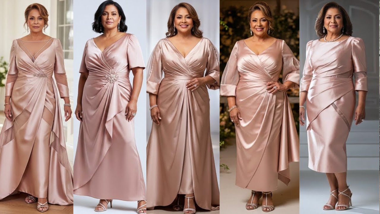 Plus Size Latin Rose Gold Satin Mother of the Bride Gowns | Elegant Metallic Wedding Looks 2026