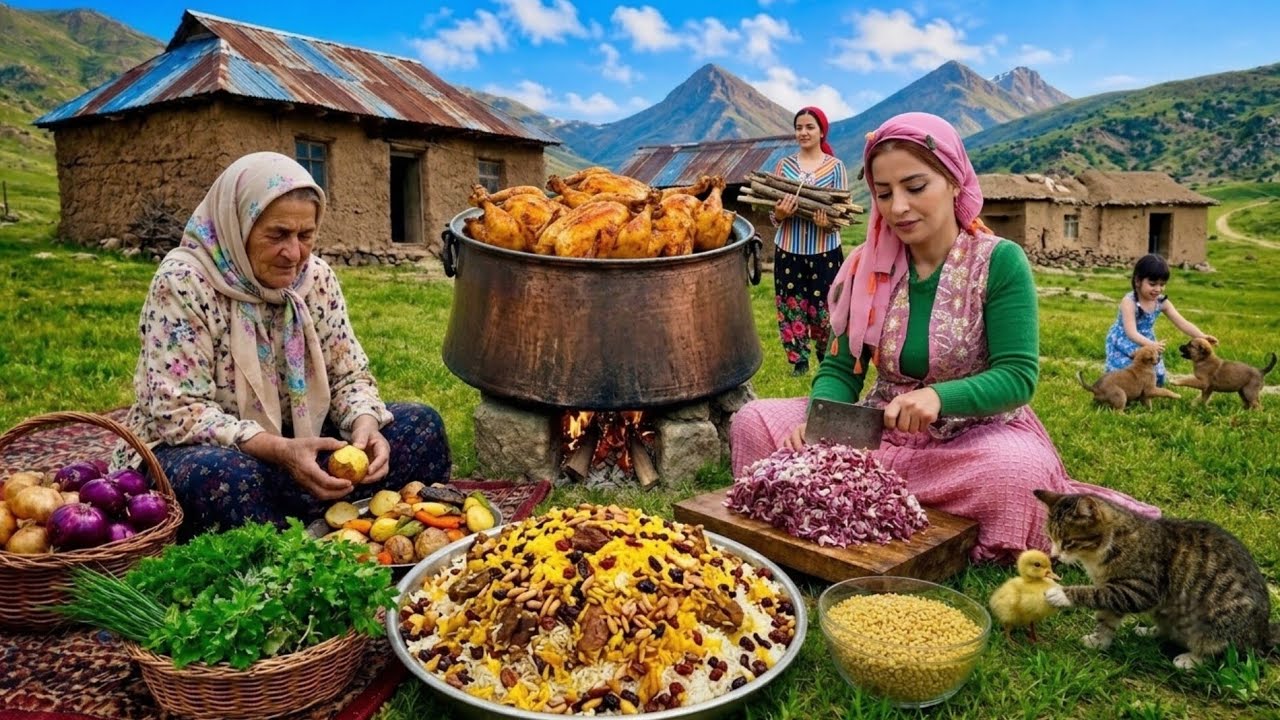 IRAN rural life | cooking bread, chickens and shah polo 