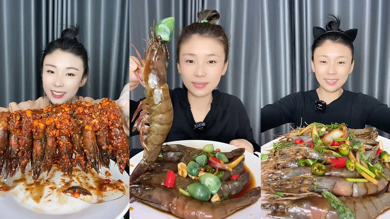 【XueYan Mukbang】Spicy sauce skewered shrimp+Thai shrimp+Oriental shrimp🦐🍋🧄🌶#Seafood#asmr