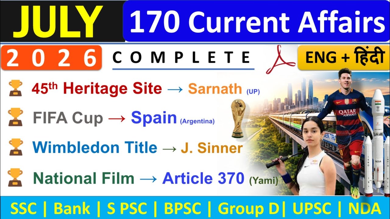 JULY CURRENT AFFAIRS 2026 | TOP 170 CURRENT AFFAIRS | JULY MONTHLY CURRENT AFFAIRS 2026 | INDOLOGUS