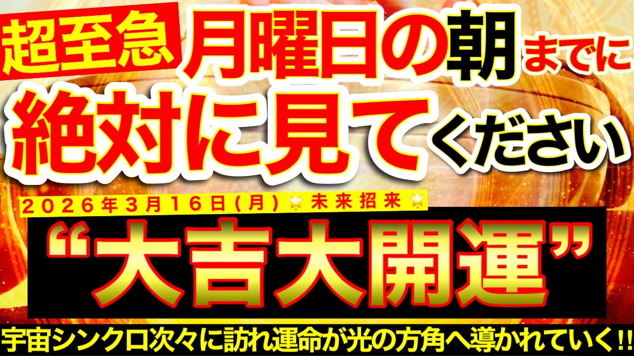【超至急※】明日の朝までに必ずご覧ください※【2026年3月16日(月)大大吉日】みるみる運命大好転※宇宙シンクロ次々に訪れ運命が光の方角へ導かれていく✨【奇跡が起こる高波動エネルギー・邪気祓い動画】