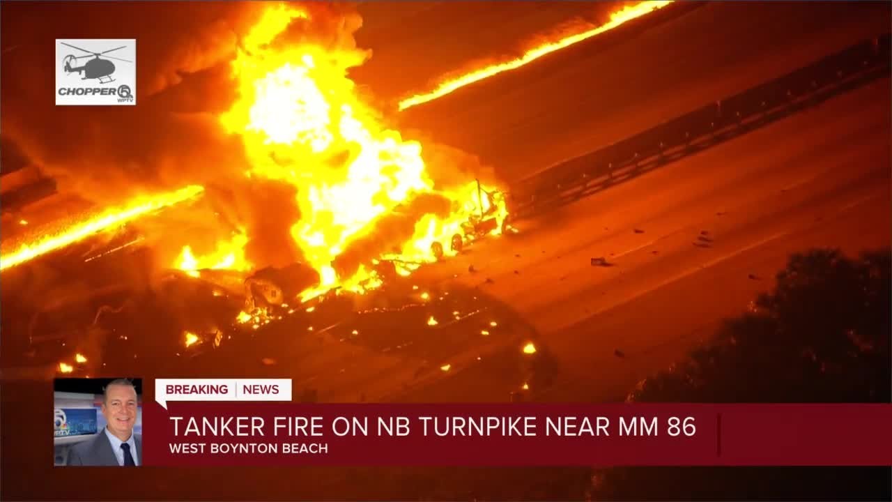 Fuel truck erupts in flames on Florida's Turnpike in west Boynton Beach