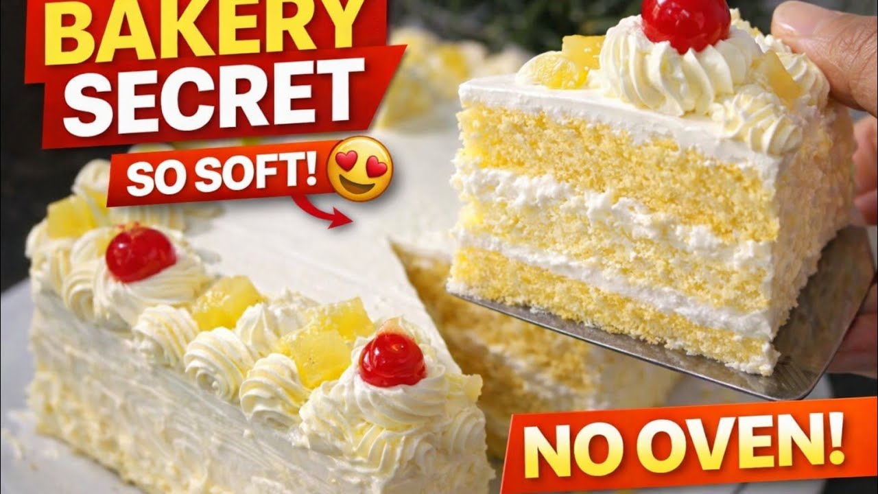 Bakery Style Pineapple Cake Without Oven | So Soft & Spongy