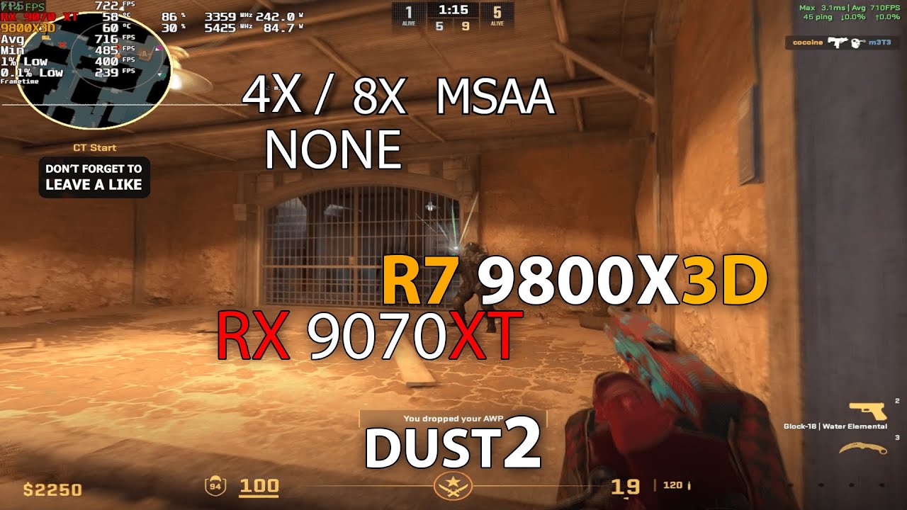 Best CPU for CS2 Ryzen 7 9800X3D + RX 9070XT 1280x960 [NONE / 4X / 8X] Competitive settings  dust2