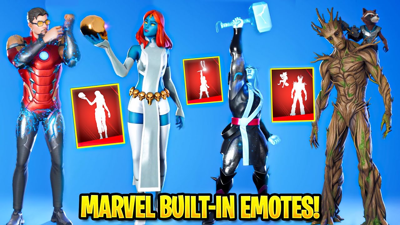 All Marvel Skins with Their BUILT-IN EMOTES.! (Suit Up, God of Thunder, Battle Brother, Snikt!)