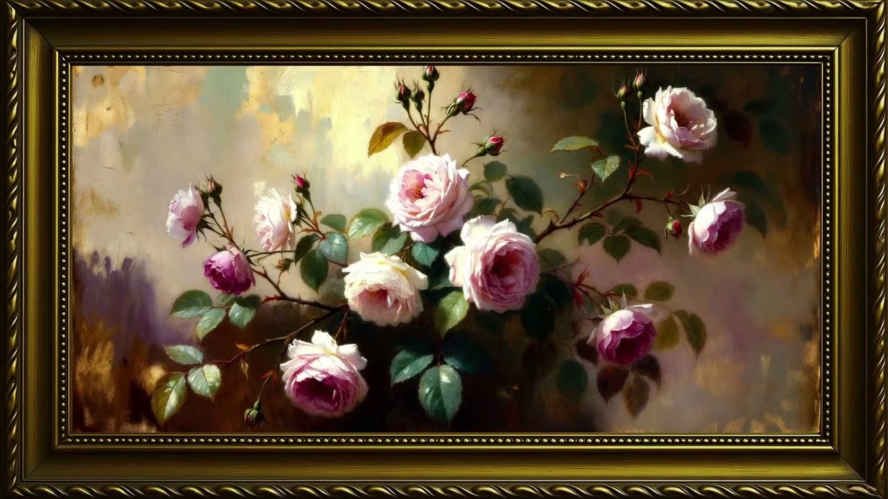 2 Hours of Luxury Ambience with Pink Roses in Gold Frame Art TV for Home Decor | TV Art Gallery