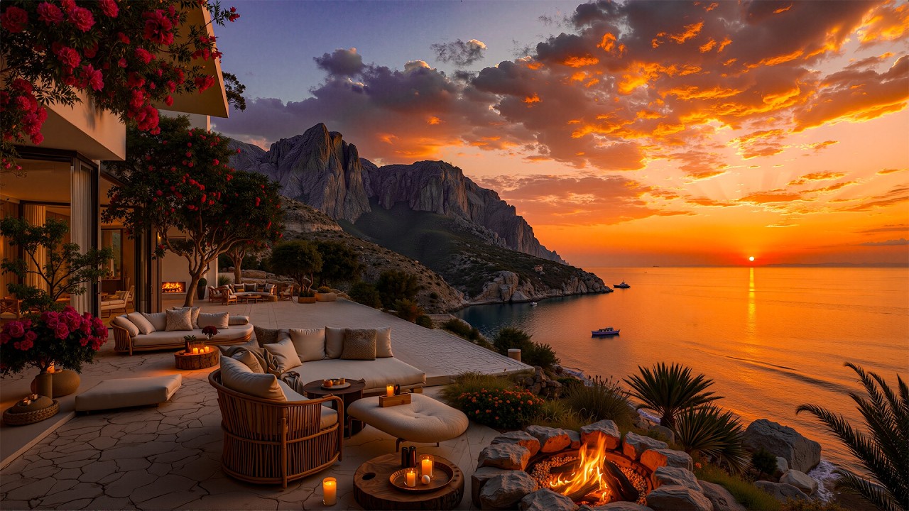 Rooftop Of The Seaside Villa Offers A Cozy Sunset & Soothing Jazz – Jazz Instruments & Ocean Waves