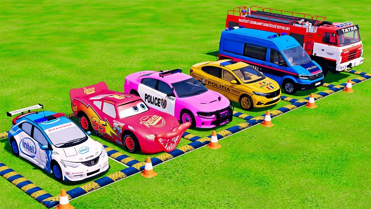 Double Flatbed Trailer Truck vs speedbumps |Police car vs speedbumps | Beamng Drive | #128
