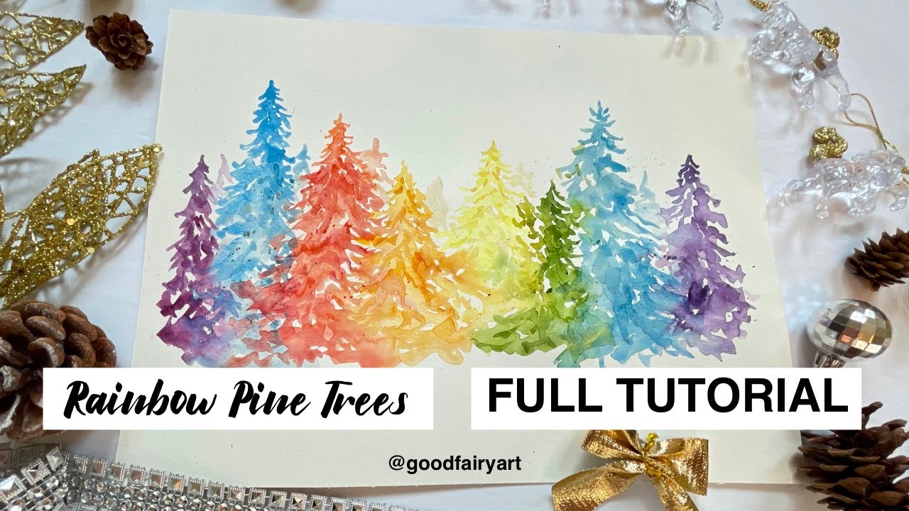 Step by step Rainbow Pine Trees Painting - Easy Watercolor Greeting Card Tutorial