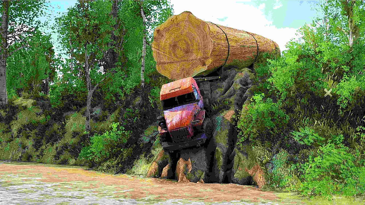 “No Turning Back! Giant Log Truck Slides Down a Deadly River Cliff!”
