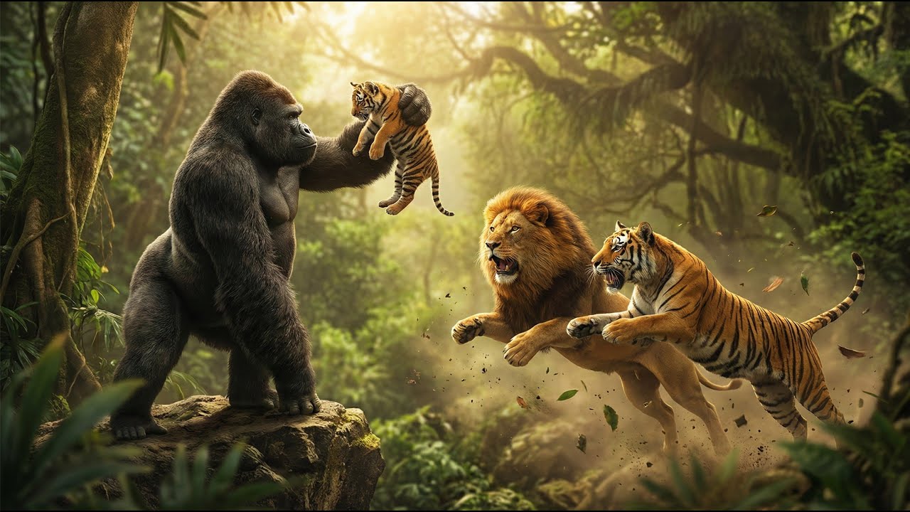 Giant Gorilla Steals Baby Tiger – Heroic Lion & Tigress Rescue!