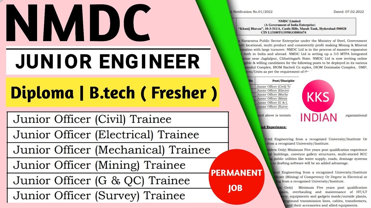NMDC JE Recruitment Vacancy 2022 | Diploma B.tech | Junior Officer Trainee | Junior Engineer Vacancy