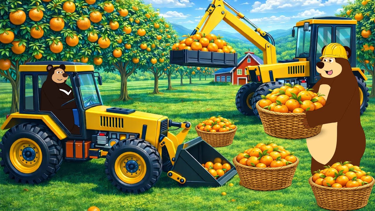 Orange Orchard Harvest Day 🍊🚜 | Bear Using Excavator & Tractor at Work | Realistic Farm Animation
