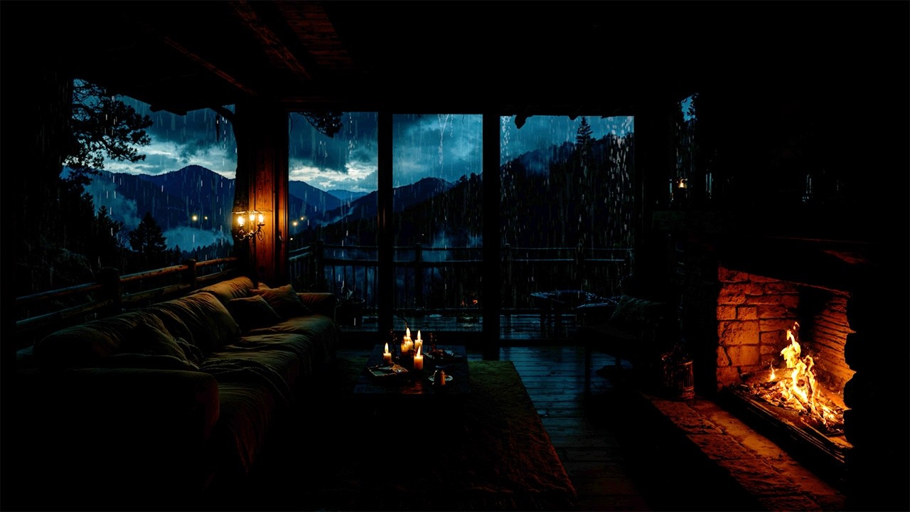 Cozy Rainy Balcony Night 🌧️ Fireplace Ambience & Gentle Rain Sounds for 8 Hours | Deep Sleep