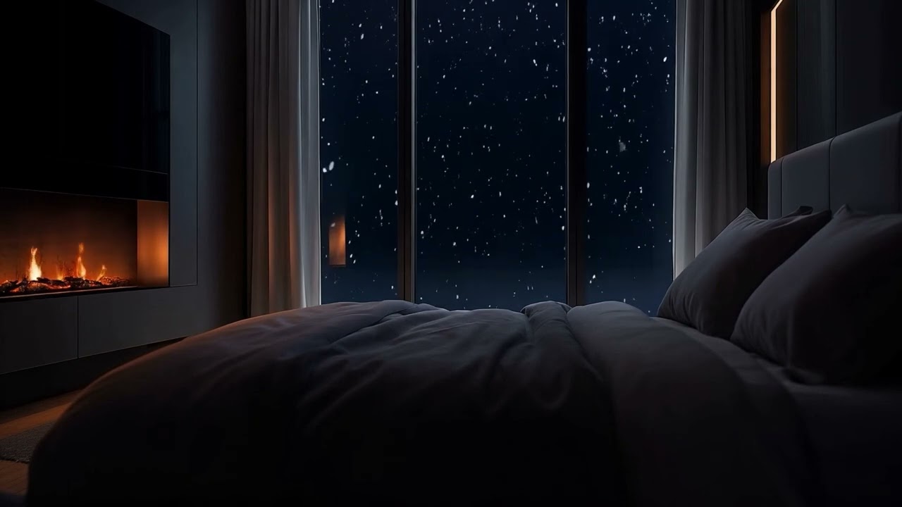 9 Hours of Cozy Fireplace & Snowfall Ambience | Dark Modern Bedroom Sleep Room