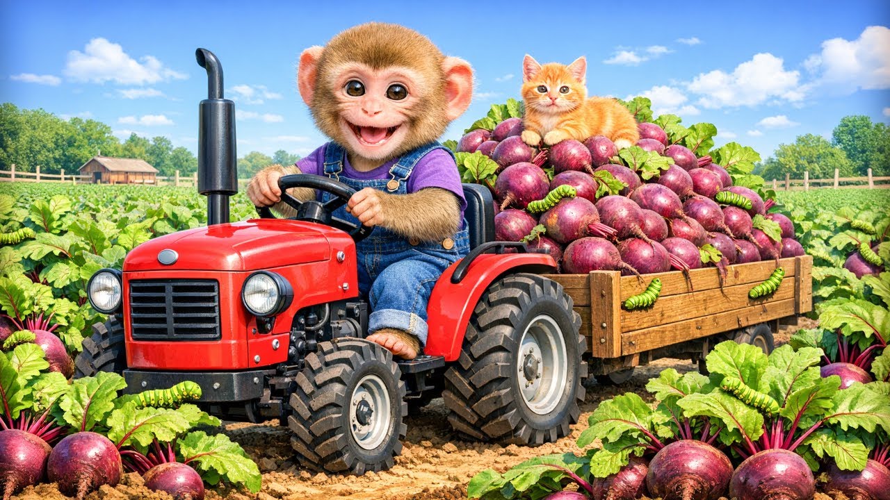 Monkey Farmer on a Tractor Harvesting Beetroots as Green Worms Attack the Farm! - Monkey Farm Work