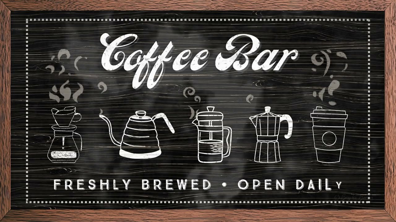 Steamy Coffee Shop Sign ☕ | Cozy Caf&eacute; Ambience | Wood Frame TV Art with Relaxing Piano Music in 4K