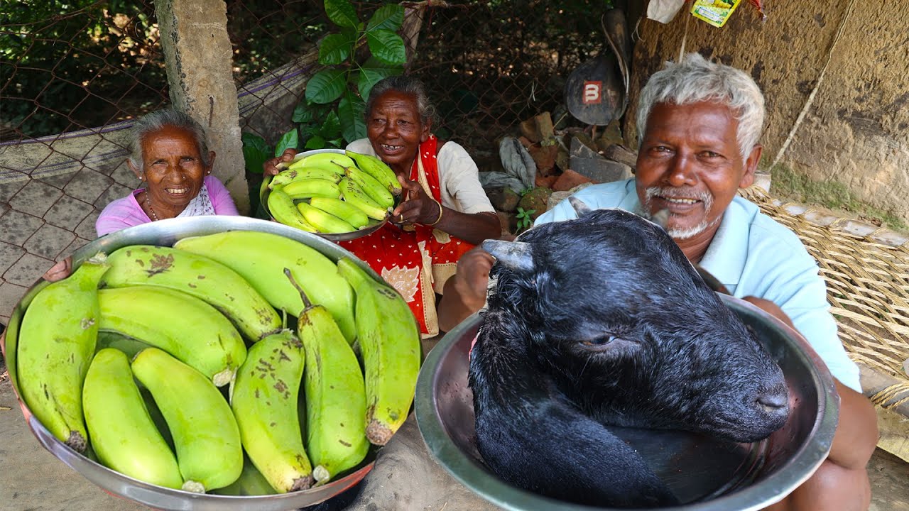 Mutton Head with Raw Green Banana curry in Tribal Village Style | Tribe people clean cook goat head