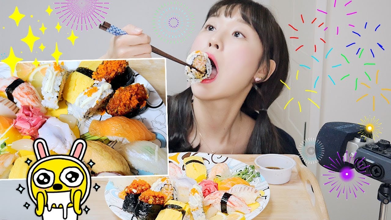 새벽에 초밥 파티 리얼사운드 먹방🎉 3단 트름과 무서운 생강 벌칙도😱 Enak sushi 寿司 (JP/INA SUB) [이루리]