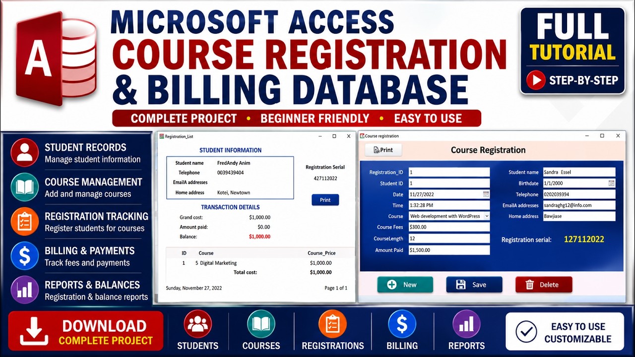 How to create Course registration and billing database in MS Access | Full tutorial