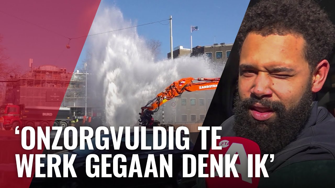 Gesprongen leiding: water spuit metershoog bij Museumbrug