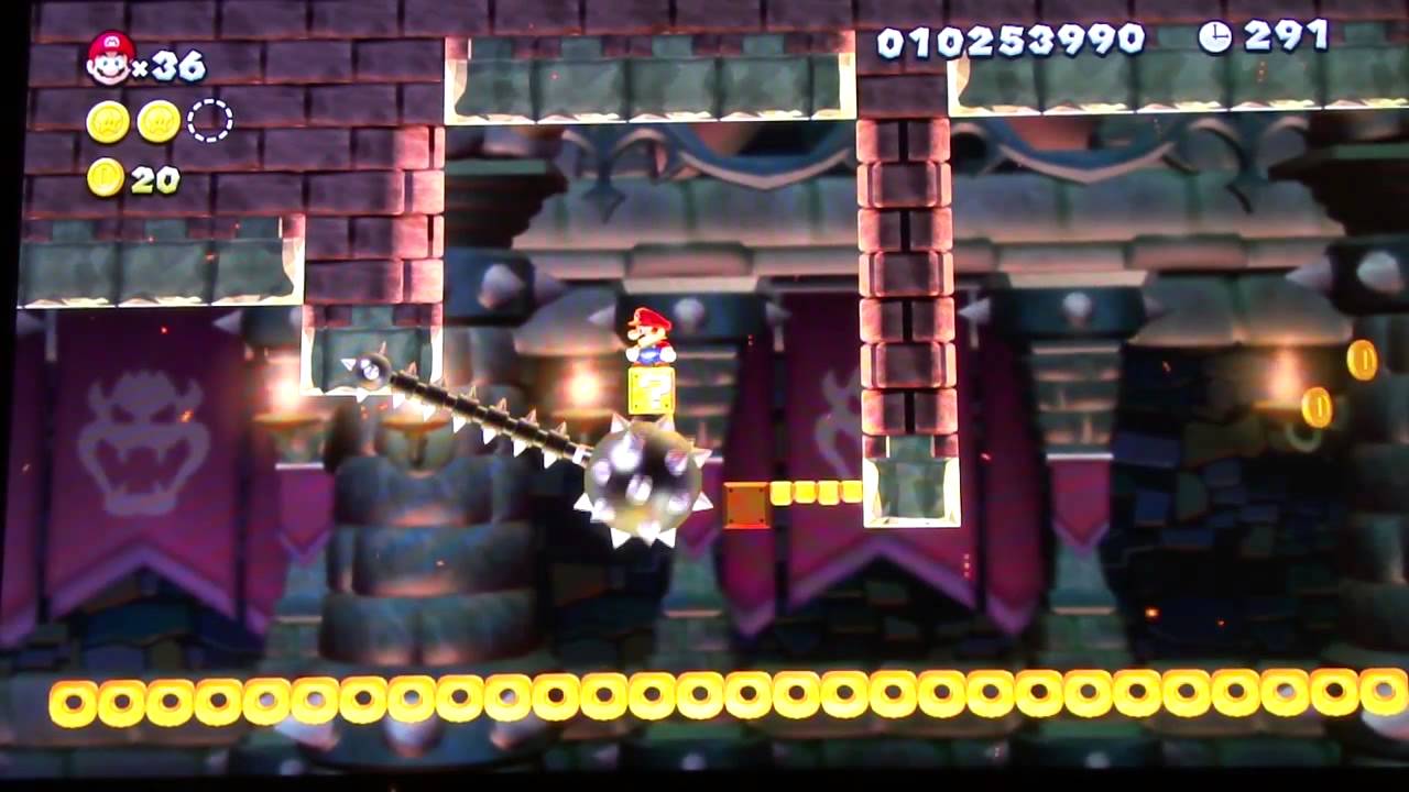Super Mario Wii U 9-8 Château Fléau - 3 pièces étoiles départ sans champignon